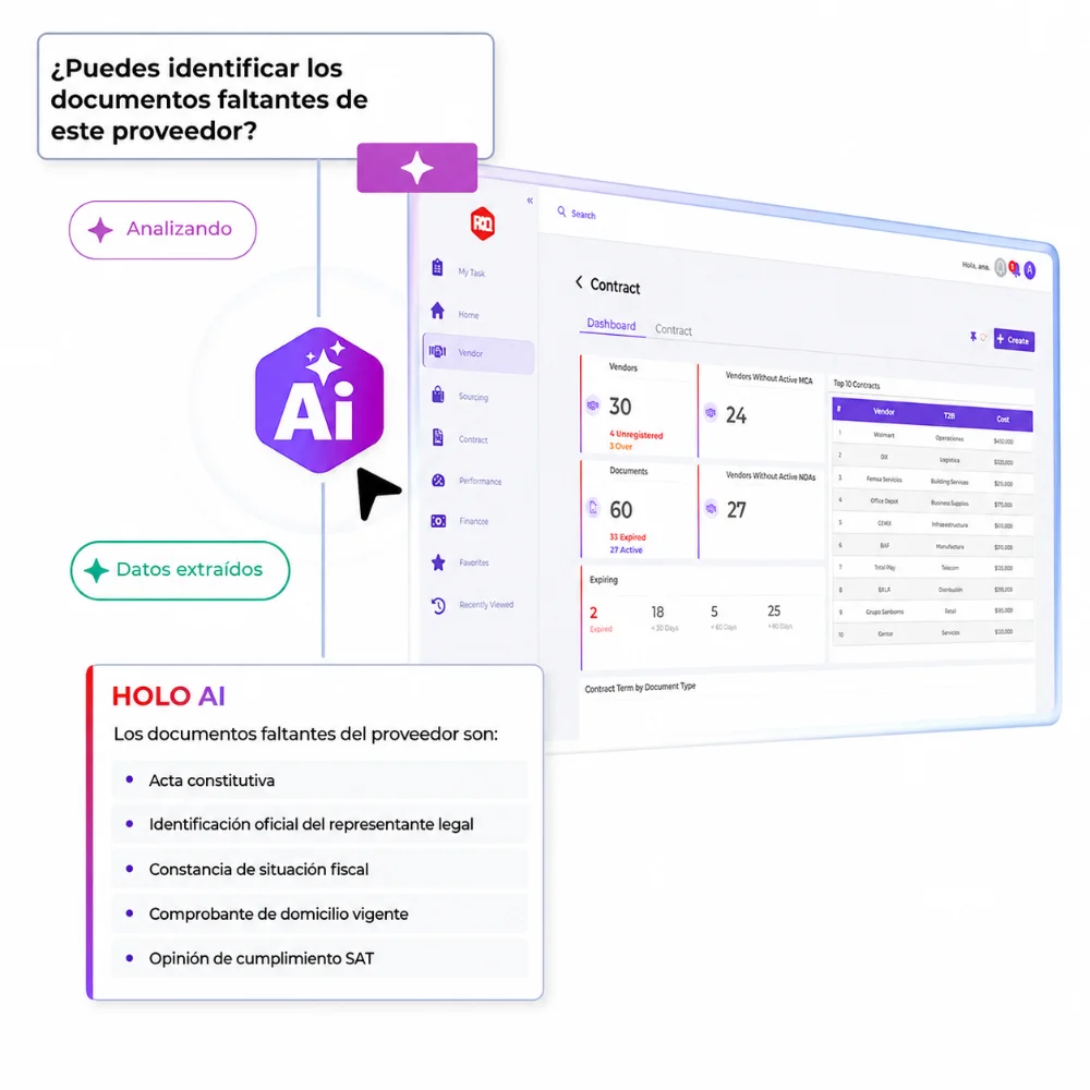 HOLO IA identifica documentos faltantes de un proveedor: acta constitutiva, identificación del representante legal, constancia de situación fiscal, comprobante de domicilio y opinión de cumplimiento SAT
